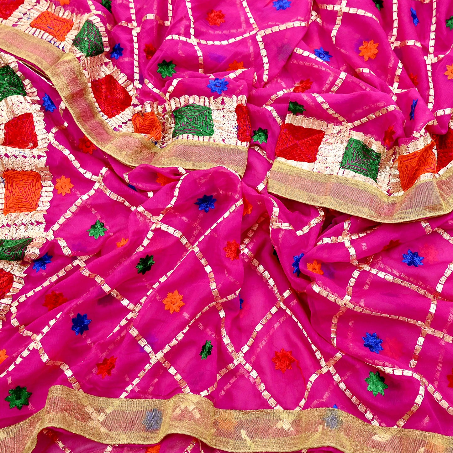 Indian Vintage Pink Dupatta Long Stole Pure Chiffon Silk Hand Embroidered Bagh Phulkari Stole Scarves Golden Lace