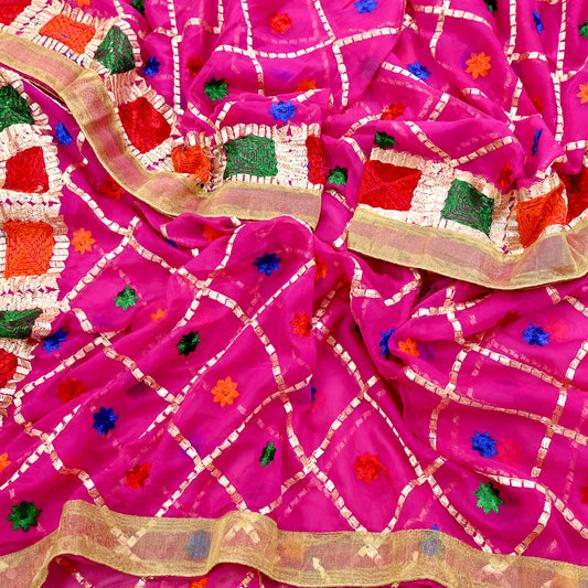 Indian Vintage Pink Dupatta Long Stole Pure Chiffon Silk Hand Embroidered Bagh Phulkari Stole Scarves Golden Lace