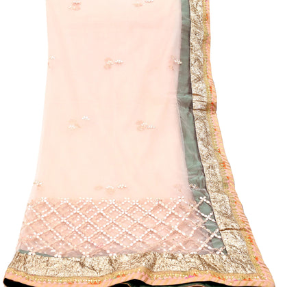 Indian Vintage Heavy Bridal Dupatta Peach Net Mesh Long Stole Hand Embroidered Scarves Golden Gota Patti Wedding/Party Wear