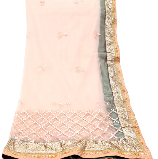 Indian Vintage Heavy Bridal Dupatta Peach Net Mesh Long Stole Hand Embroidered Scarves Golden Gota Patti Wedding/Party Wear