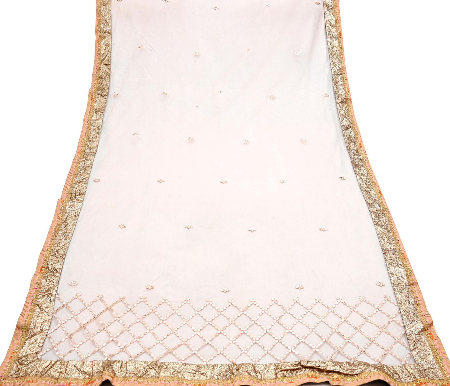 Indian Vintage Heavy Bridal Dupatta Peach Net Mesh Long Stole Hand Embroidered Scarves Golden Gota Patti Wedding/Party Wear