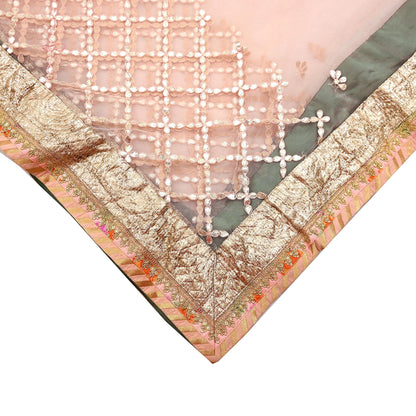 Indian Vintage Heavy Bridal Dupatta Peach Net Mesh Long Stole Hand Embroidered Scarves Golden Gota Patti Wedding/Party Wear