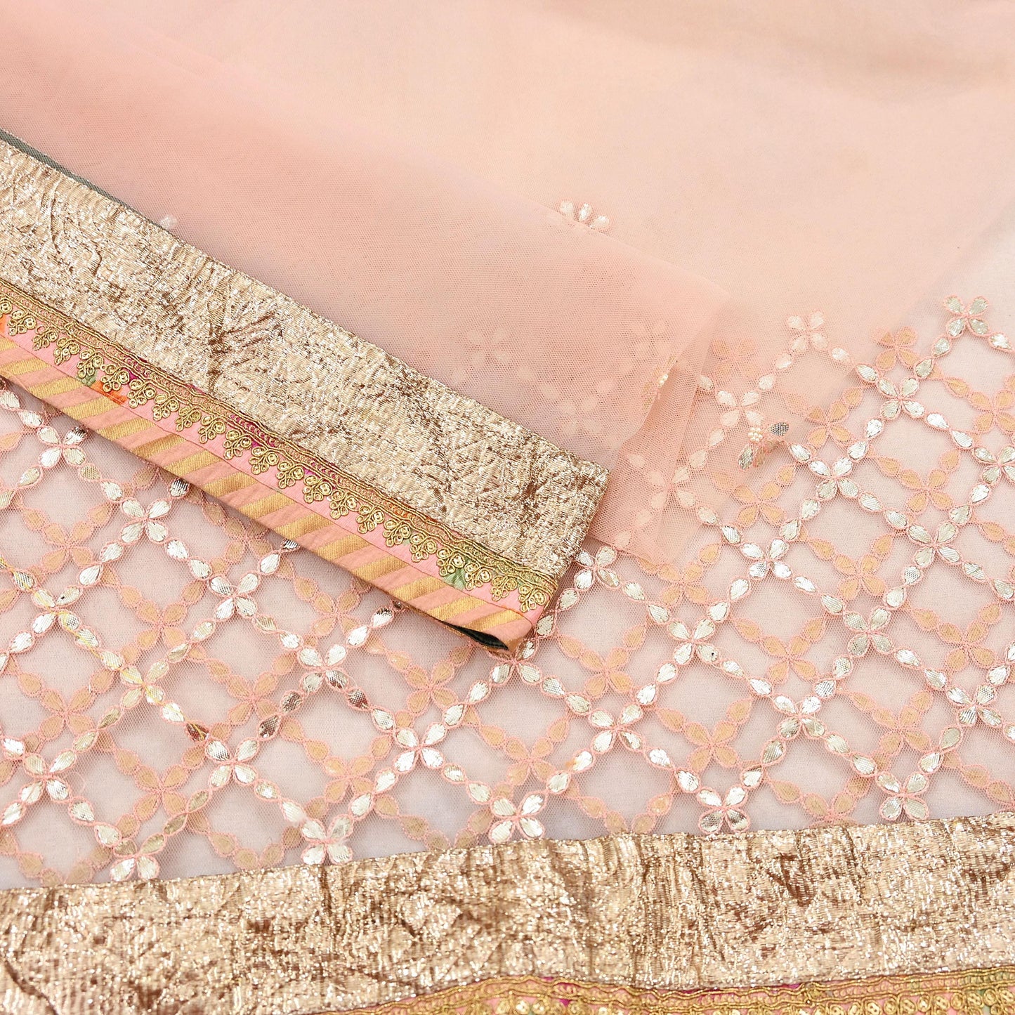 Indian Vintage Heavy Bridal Dupatta Peach Net Mesh Long Stole Hand Embroidered Scarves Golden Gota Patti Wedding/Party Wear