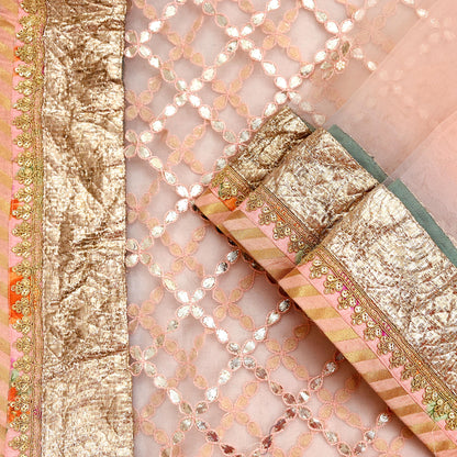 Indian Vintage Heavy Bridal Dupatta Peach Net Mesh Long Stole Hand Embroidered Scarves Golden Gota Patti Wedding/Party Wear