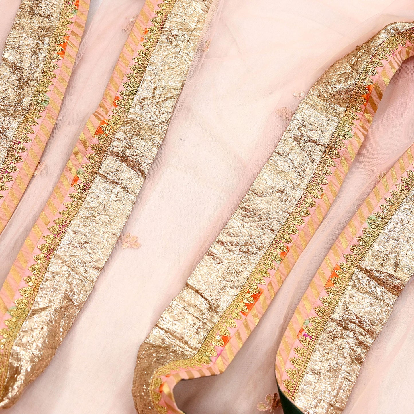 Indian Vintage Heavy Bridal Dupatta Peach Net Mesh Long Stole Hand Embroidered Scarves Golden Gota Patti Wedding/Party Wear