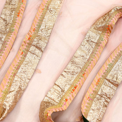 Indian Vintage Heavy Bridal Dupatta Peach Net Mesh Long Stole Hand Embroidered Scarves Golden Gota Patti Wedding/Party Wear