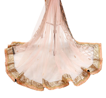 Indian Vintage Heavy Bridal Dupatta Peach Net Mesh Long Stole Hand Embroidered Scarves Golden Gota Patti Wedding/Party Wear