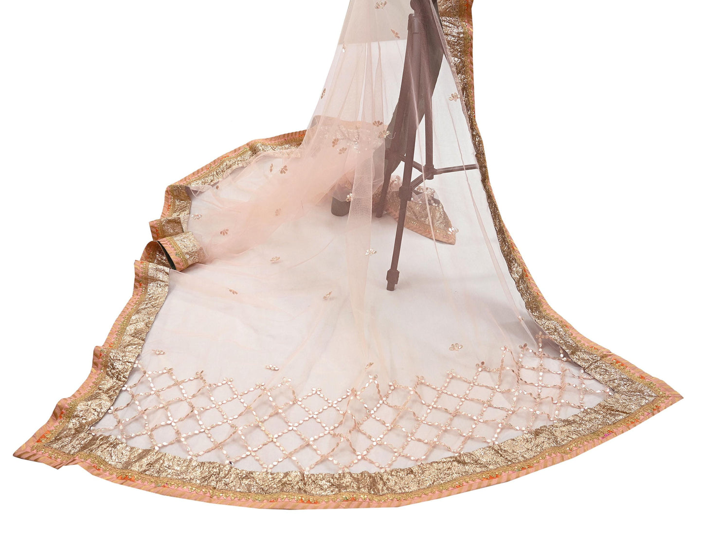 Indian Vintage Heavy Bridal Dupatta Peach Net Mesh Long Stole Hand Embroidered Scarves Golden Gota Patti Wedding/Party Wear