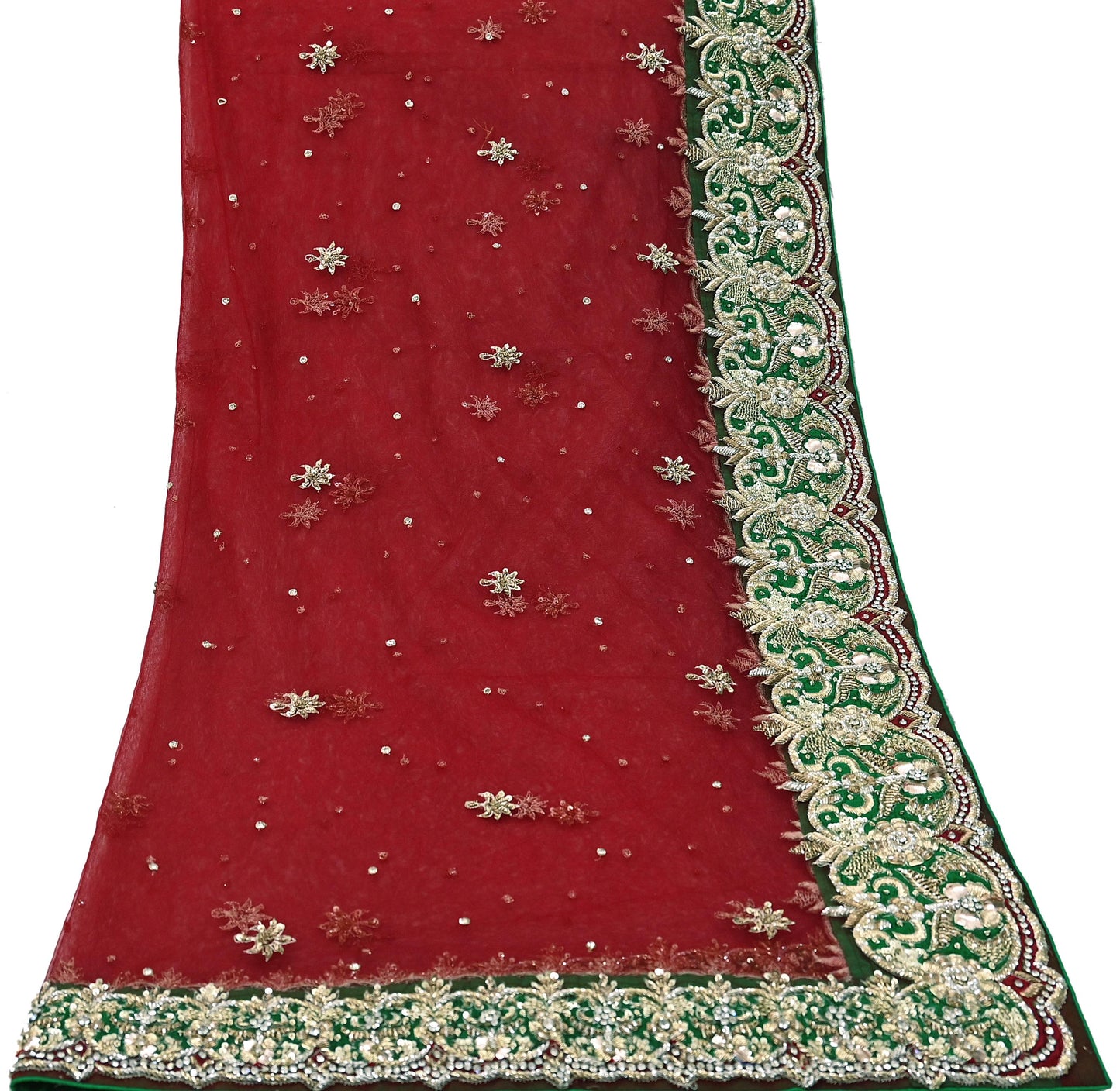 Indian Vintage Heavy Red Dupatta Net Mesh Long Stole Hand Embroidered Scarves Golden Zardozi Dabka Zari Stole Bridal/ Wedding veil