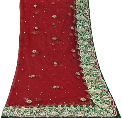 Indian Vintage Heavy Red Dupatta Net Mesh Long Stole Hand Embroidered Scarves Golden Zardozi Dabka Zari Stole Bridal/ Wedding veil