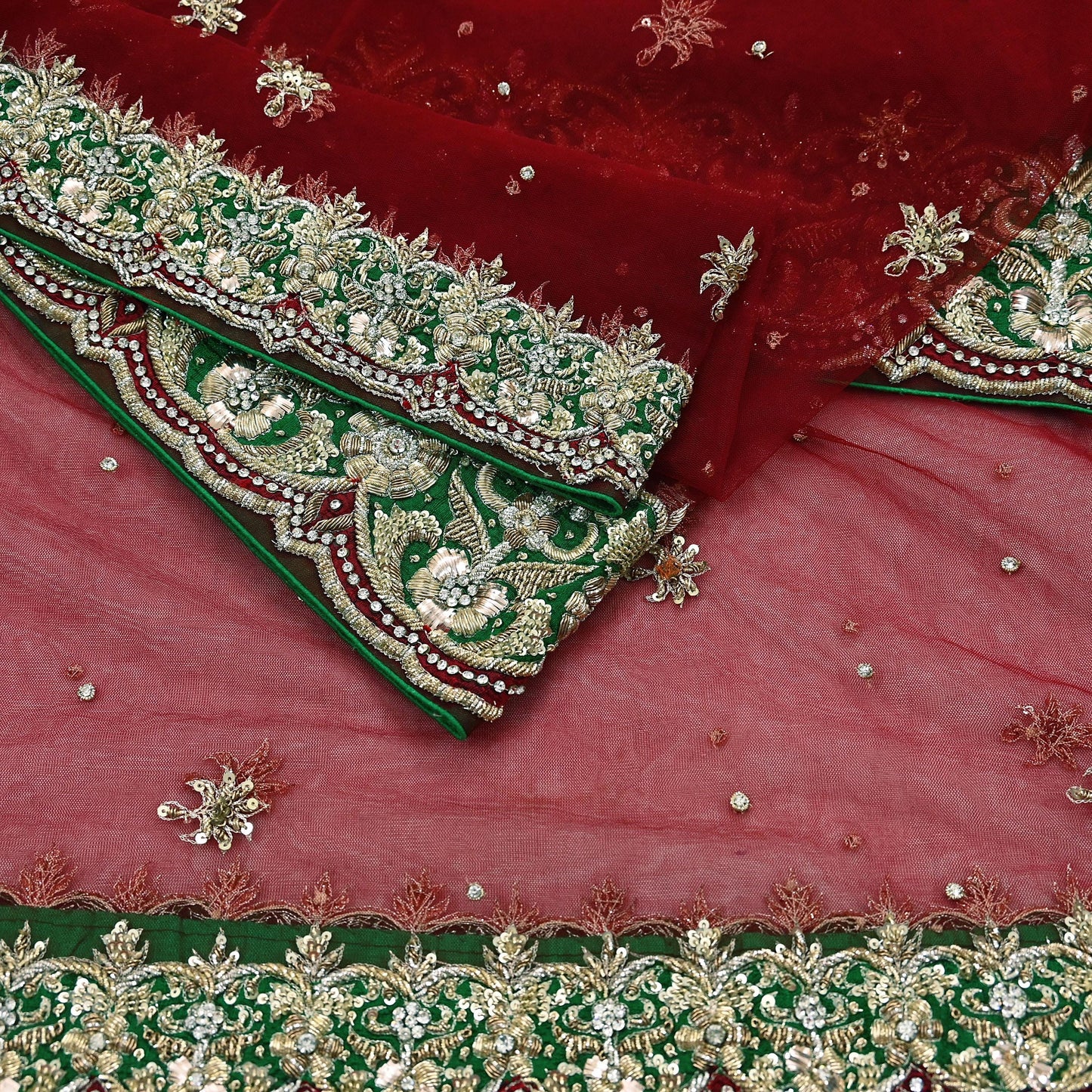 Indian Vintage Heavy Red Dupatta Net Mesh Long Stole Hand Embroidered Scarves Golden Zardozi Dabka Zari Stole Bridal/ Wedding veil