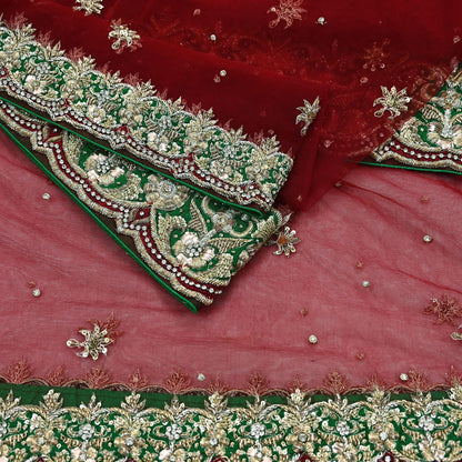 Indian Vintage Heavy Red Dupatta Net Mesh Long Stole Hand Embroidered Scarves Golden Zardozi Dabka Zari Stole Bridal/ Wedding veil