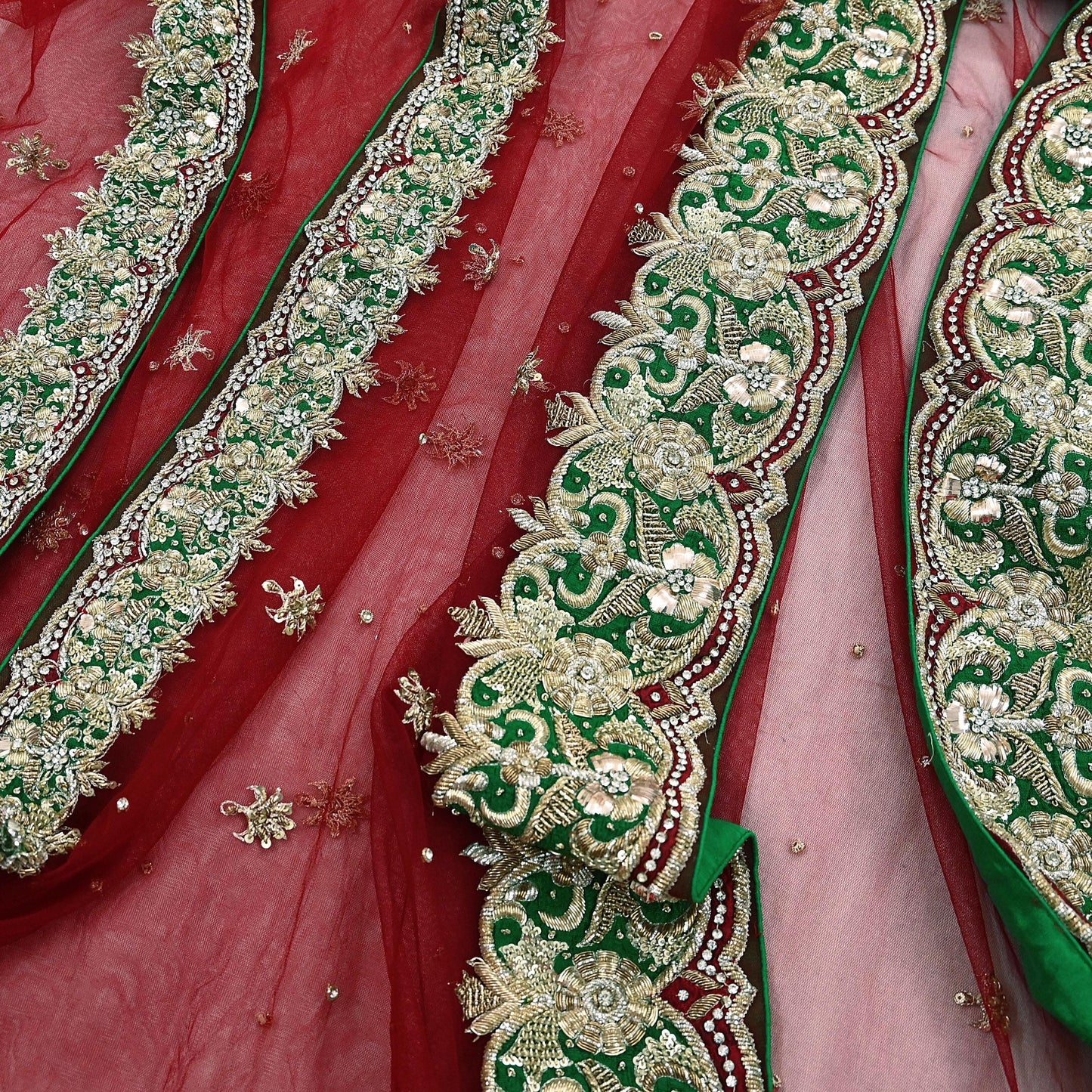 Indian Vintage Heavy Red Dupatta Net Mesh Long Stole Hand Embroidered Scarves Golden Zardozi Dabka Zari Stole Bridal/ Wedding veil