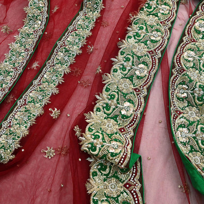 Indian Vintage Heavy Red Dupatta Net Mesh Long Stole Hand Embroidered Scarves Golden Zardozi Dabka Zari Stole Bridal/ Wedding veil