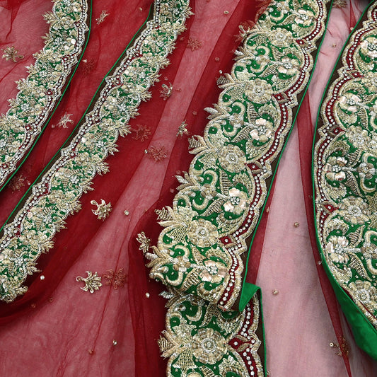 Indian Vintage Heavy Red Dupatta Net Mesh Long Stole Hand Embroidered Scarves Golden Zardozi Dabka Zari Stole Bridal/ Wedding veil