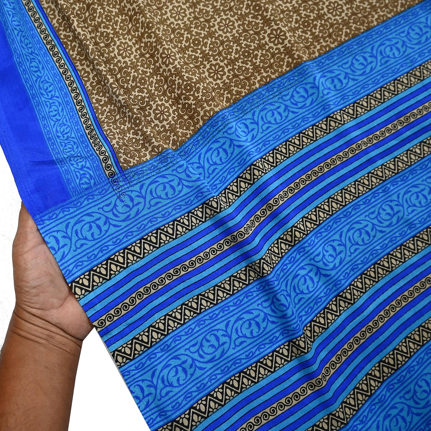 Indian Vintage Blue & Green Sarees Moss Crepe Printed Sari 5yd Sewing Floral Soft Craft Fabric DressMaking For Crafting Quilting Upcycle