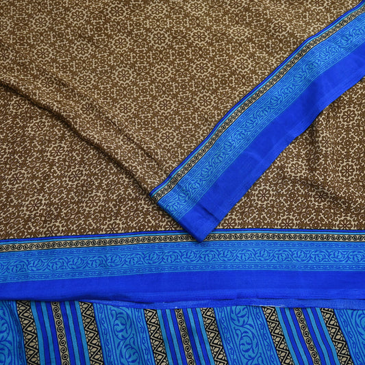 Indian Vintage Blue & Green Sarees Moss Crepe Printed Sari 5yd Sewing Floral Soft Craft Fabric DressMaking For Crafting Quilting Upcycle