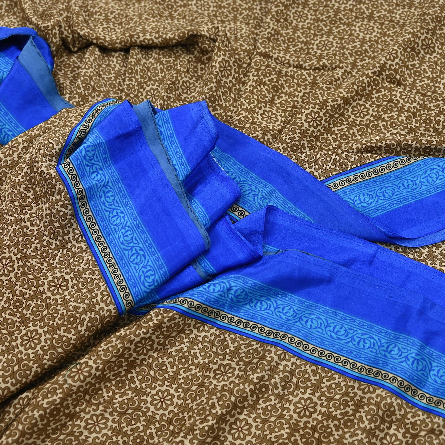 Indian Vintage Blue & Green Sarees Moss Crepe Printed Sari 5yd Sewing Floral Soft Craft Fabric DressMaking For Crafting Quilting Upcycle