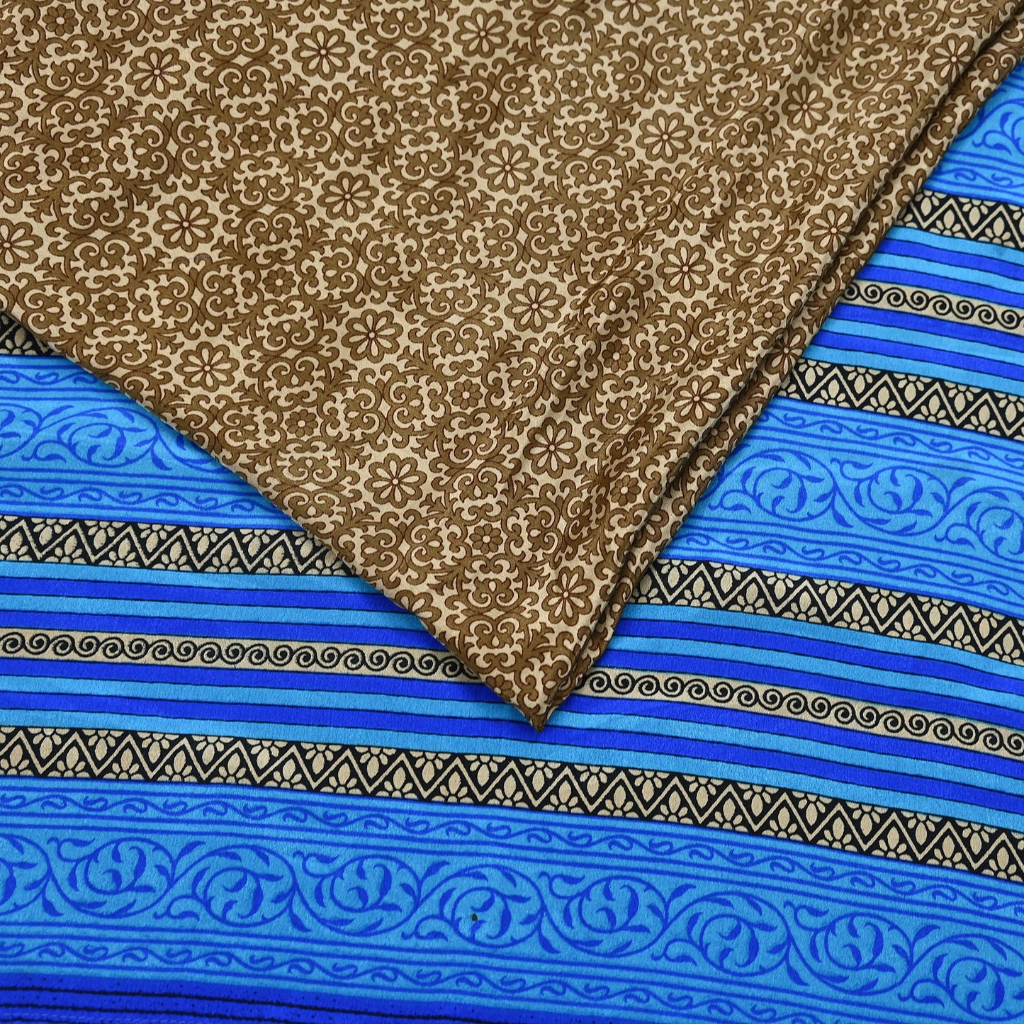 Indian Vintage Blue & Green Sarees Moss Crepe Printed Sari 5yd Sewing Floral Soft Craft Fabric DressMaking For Crafting Quilting Upcycle