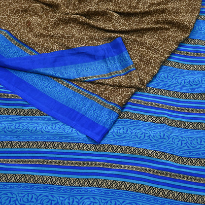 Indian Vintage Blue & Green Sarees Moss Crepe Printed Sari 5yd Sewing Floral Soft Craft Fabric DressMaking For Crafting Quilting Upcycle