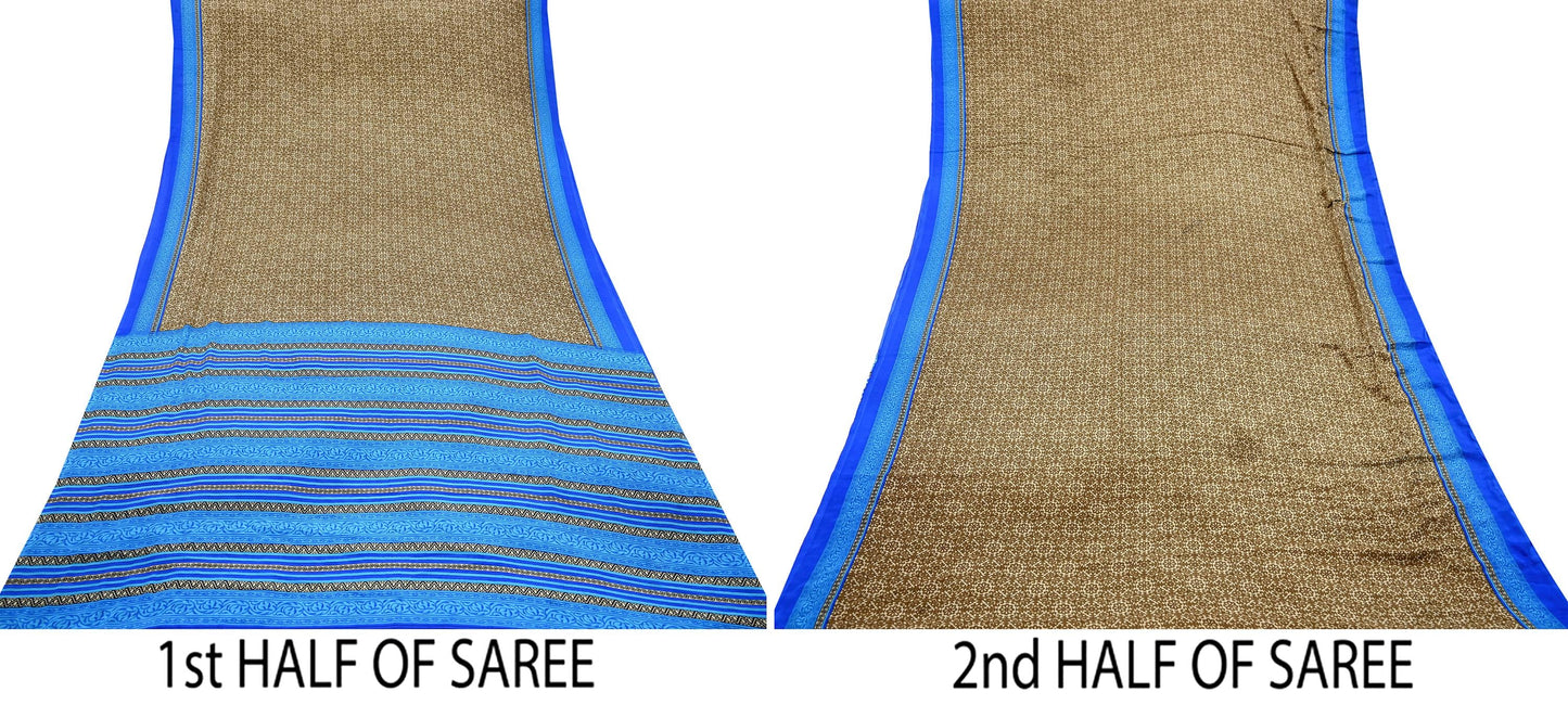 Indian Vintage Blue & Green Sarees Moss Crepe Printed Sari 5yd Sewing Floral Soft Craft Fabric DressMaking For Crafting Quilting Upcycle