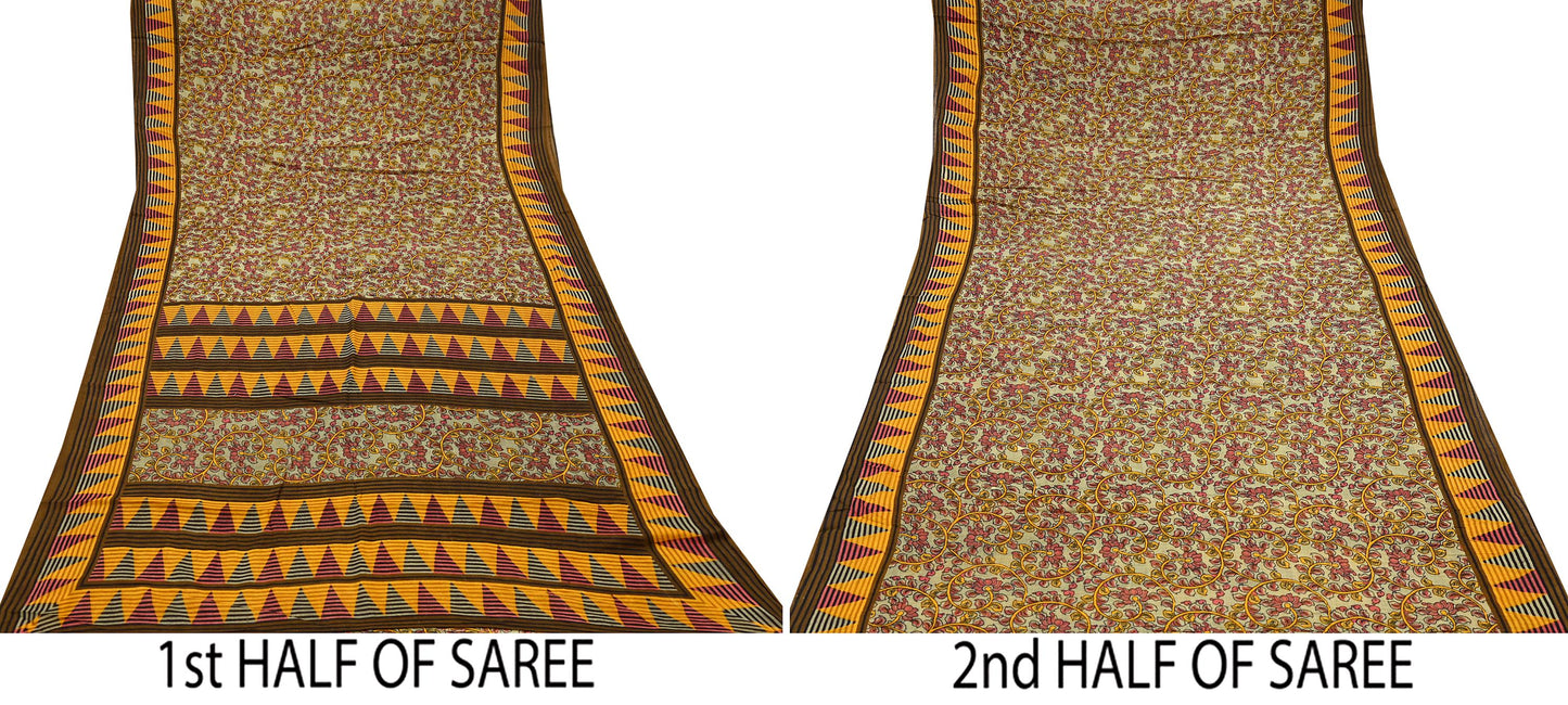 Indian Vintage Green Saree Printed Pure Cotton Sari Craft Fabric Soft 5Yd Sewing Sarong Wrap Boho Floral Dress making Crafting Quilting