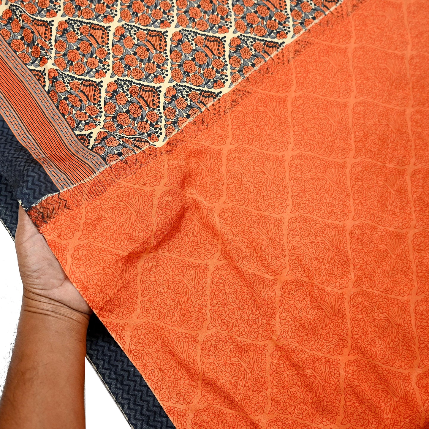 Indian Vintage Sari Orange & Beige Moss Crepe Printed Sarees 6yd Craft Fabric Sewing Floral Soft Dressmaking Quilting Crafting Upcycle Used