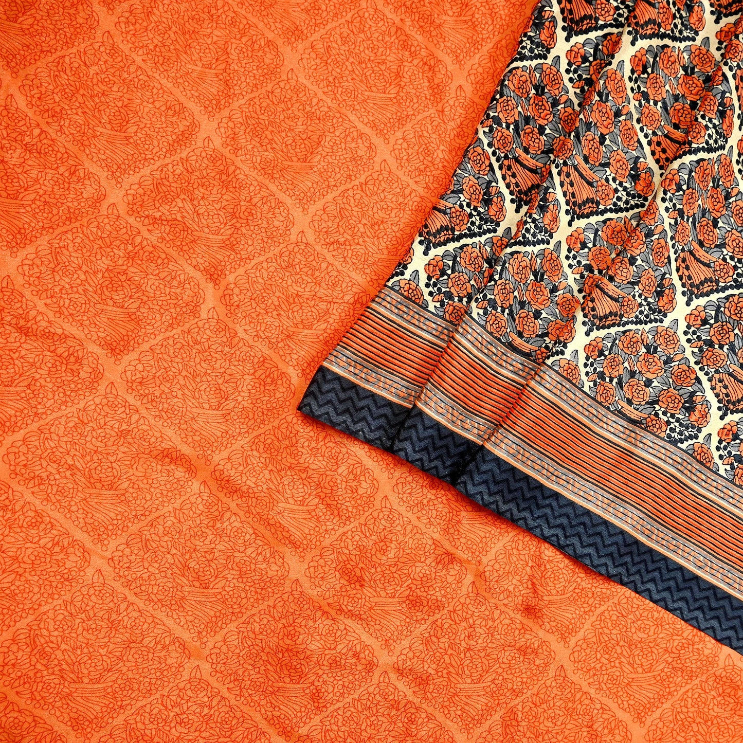 Indian Vintage Sari Orange & Beige Moss Crepe Printed Sarees 6yd Craft Fabric Sewing Floral Soft Dressmaking Quilting Crafting Upcycle Used