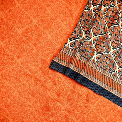 Indian Vintage Sari Orange & Beige Moss Crepe Printed Sarees 6yd Craft Fabric Sewing Floral Soft Dressmaking Quilting Crafting Upcycle Used