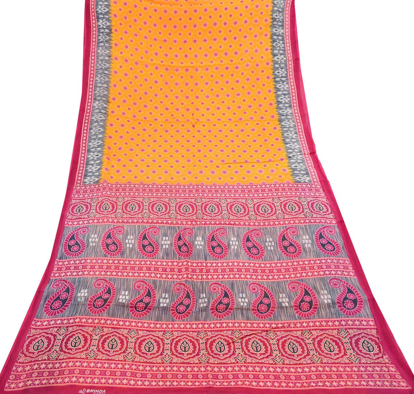 Indian Vintage Sari Pink & Saffron Printed 100% Pure Cotton Sarees Craft Fabric 5Yd Soft Sewing Sarong Wrap Floral Boho Quilting Crafting