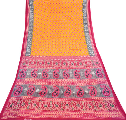 Indian Vintage Sari Pink & Saffron Printed 100% Pure Cotton Sarees Craft Fabric 5Yd Soft Sewing Sarong Wrap Floral Boho Quilting Crafting
