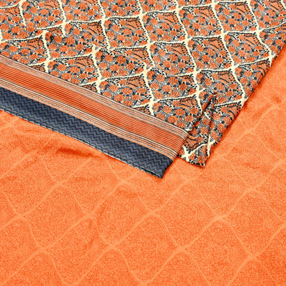 Indian Vintage Sari Orange & Beige Moss Crepe Printed Sarees 6yd Craft Fabric Sewing Floral Soft Dressmaking Quilting Crafting Upcycle Used