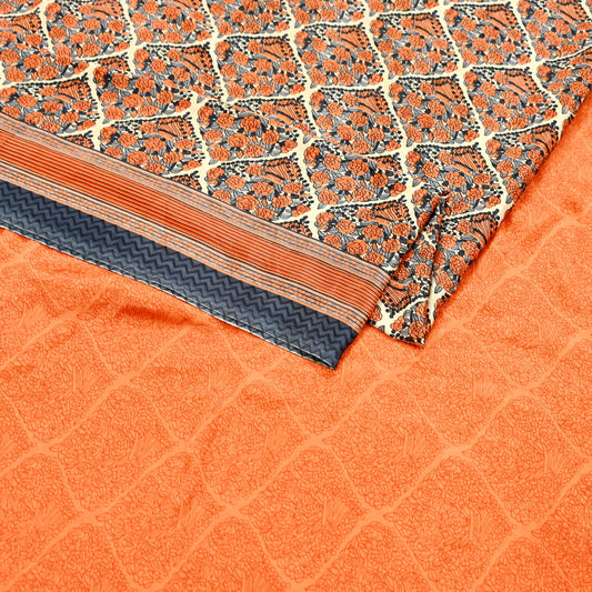 Indian Vintage Sari Orange & Beige Moss Crepe Printed Sarees 6yd Craft Fabric Sewing Floral Soft Dressmaking Quilting Crafting Upcycle Used