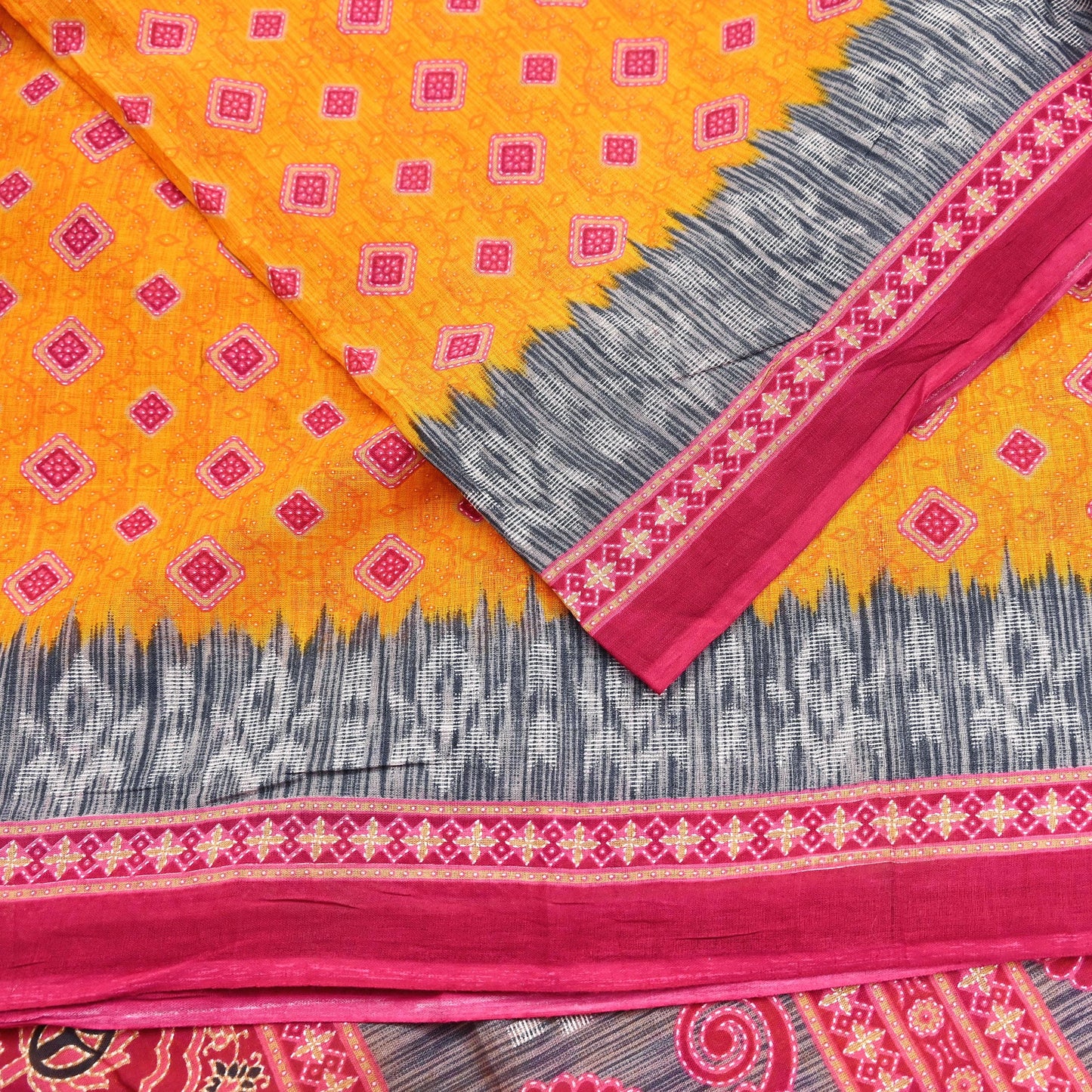 Indian Vintage Sari Pink & Saffron Printed 100% Pure Cotton Sarees Craft Fabric 5Yd Soft Sewing Sarong Wrap Floral Boho Quilting Crafting