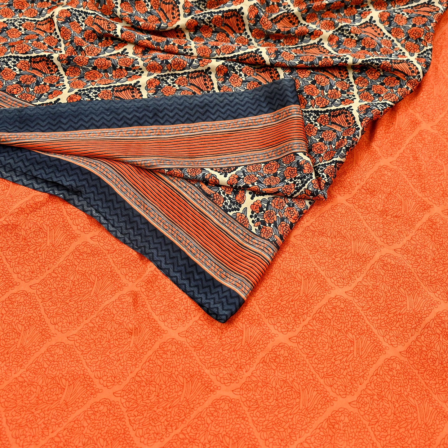 Indian Vintage Sari Orange & Beige Moss Crepe Printed Sarees 6yd Craft Fabric Sewing Floral Soft Dressmaking Quilting Crafting Upcycle Used