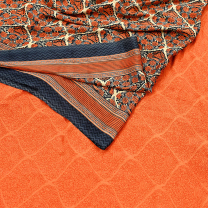 Indian Vintage Sari Orange & Beige Moss Crepe Printed Sarees 6yd Craft Fabric Sewing Floral Soft Dressmaking Quilting Crafting Upcycle Used