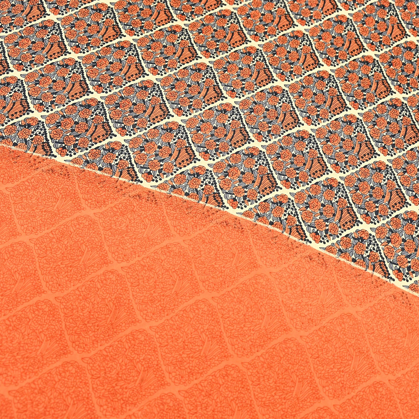 Indian Vintage Sari Orange & Beige Moss Crepe Printed Sarees 6yd Craft Fabric Sewing Floral Soft Dressmaking Quilting Crafting Upcycle Used