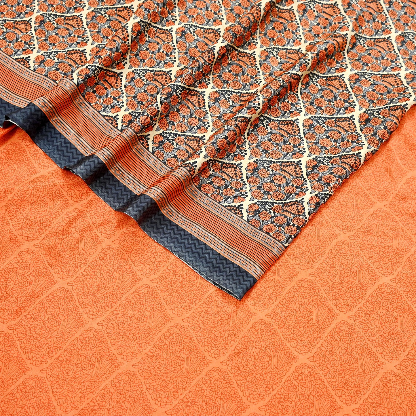 Indian Vintage Sari Orange & Beige Moss Crepe Printed Sarees 6yd Craft Fabric Sewing Floral Soft Dressmaking Quilting Crafting Upcycle Used