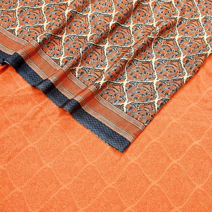 Indian Vintage Sari Orange & Beige Moss Crepe Printed Sarees 6yd Craft Fabric Sewing Floral Soft Dressmaking Quilting Crafting Upcycle Used