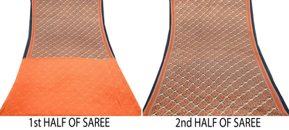 Indian Vintage Sari Orange & Beige Moss Crepe Printed Sarees 6yd Craft Fabric Sewing Floral Soft Dressmaking Quilting Crafting Upcycle Used