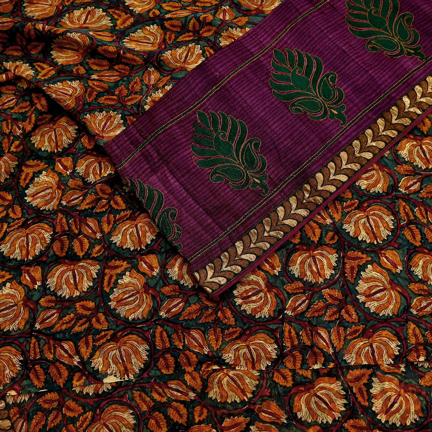 Indian Vintage Sari Green Hand Embroidered Printed Pure Georgette Silk Sari Saree Fabric 6Yd Zari Dressmaking Crafting Upcycle