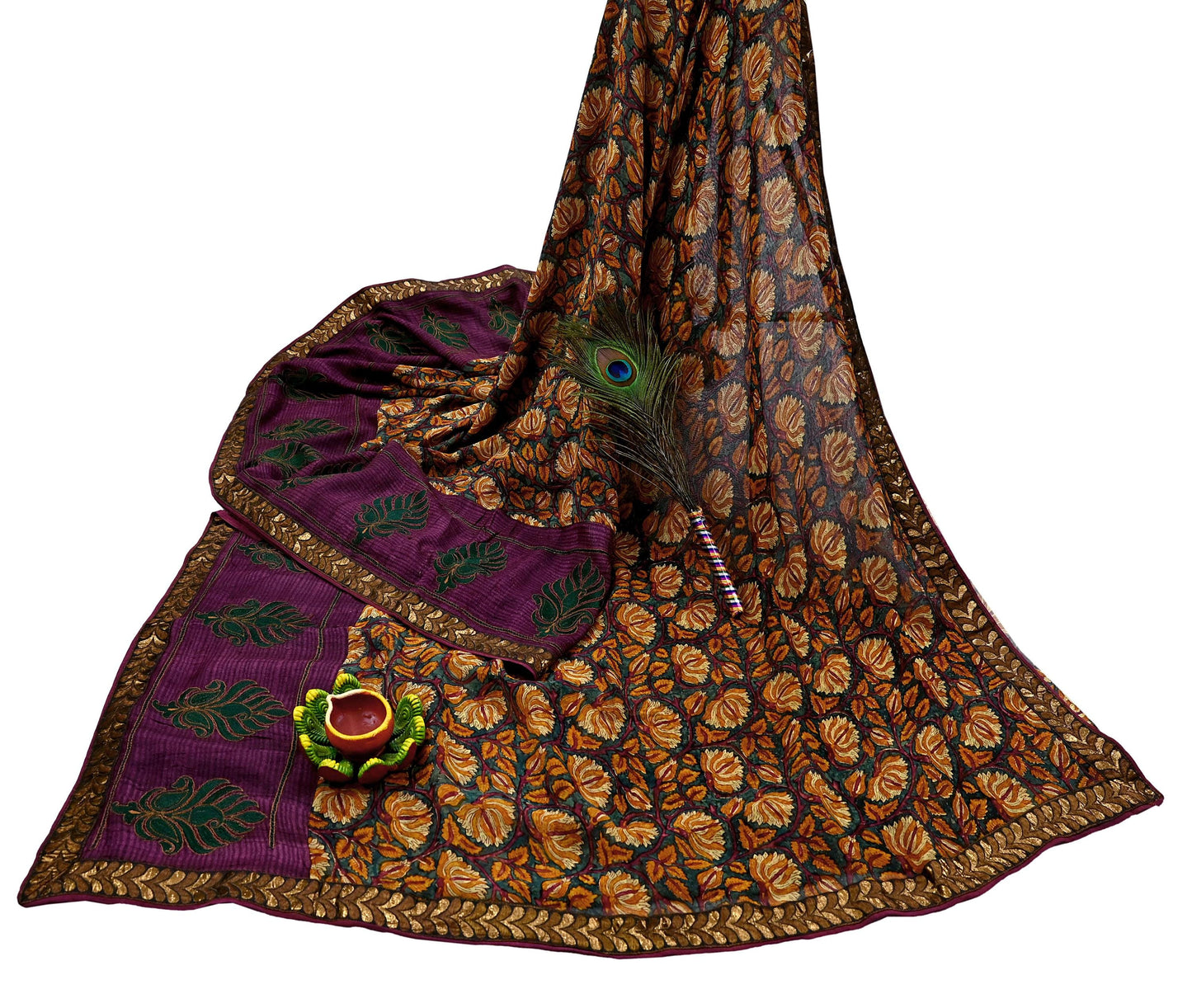 Indian Vintage Sari Green Hand Embroidered Printed Pure Georgette Silk Sari Saree Fabric 6Yd Zari Dressmaking Crafting Upcycle