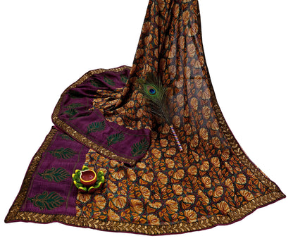 Indian Vintage Sari Green Hand Embroidered Printed Pure Georgette Silk Sari Saree Fabric 6Yd Zari Dressmaking Crafting Upcycle