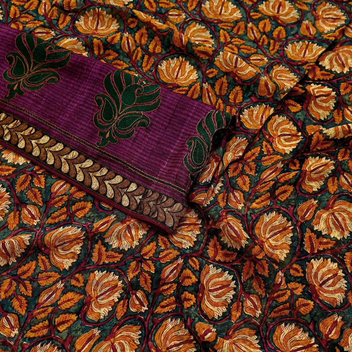 Indian Vintage Sari Green Hand Embroidered Printed Pure Georgette Silk Sari Saree Fabric 6Yd Zari Dressmaking Crafting Upcycle