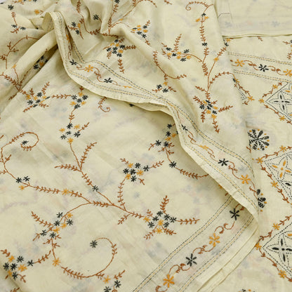 Indian Vintage Sari Ivory Artificial Silk Hand Embroidered Kantha Sarees Craft Fabric 5yd Sewing Soft Dress Making Crafting Upcycle Quilting