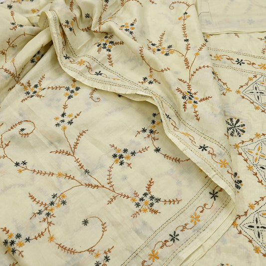 Indian Vintage Sari Ivory Artificial Silk Hand Embroidered Kantha Sarees Craft Fabric 5yd Sewing Soft Dress Making Crafting Upcycle Quilting