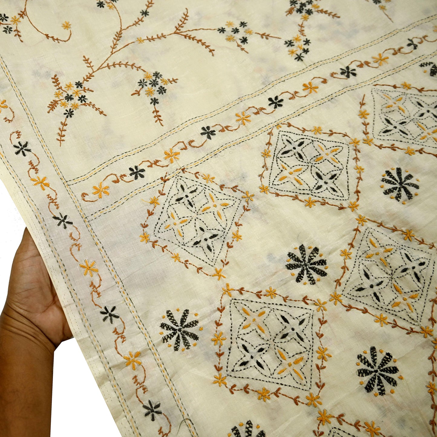 Indian Vintage Sari Ivory Artificial Silk Hand Embroidered Kantha Sarees Craft Fabric 5yd Sewing Soft Dress Making Crafting Upcycle Quilting