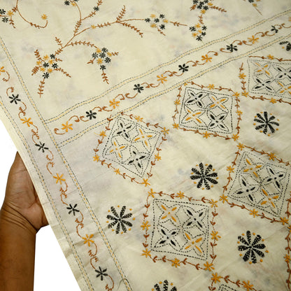 Indian Vintage Sari Ivory Artificial Silk Hand Embroidered Kantha Sarees Craft Fabric 5yd Sewing Soft Dress Making Crafting Upcycle Quilting