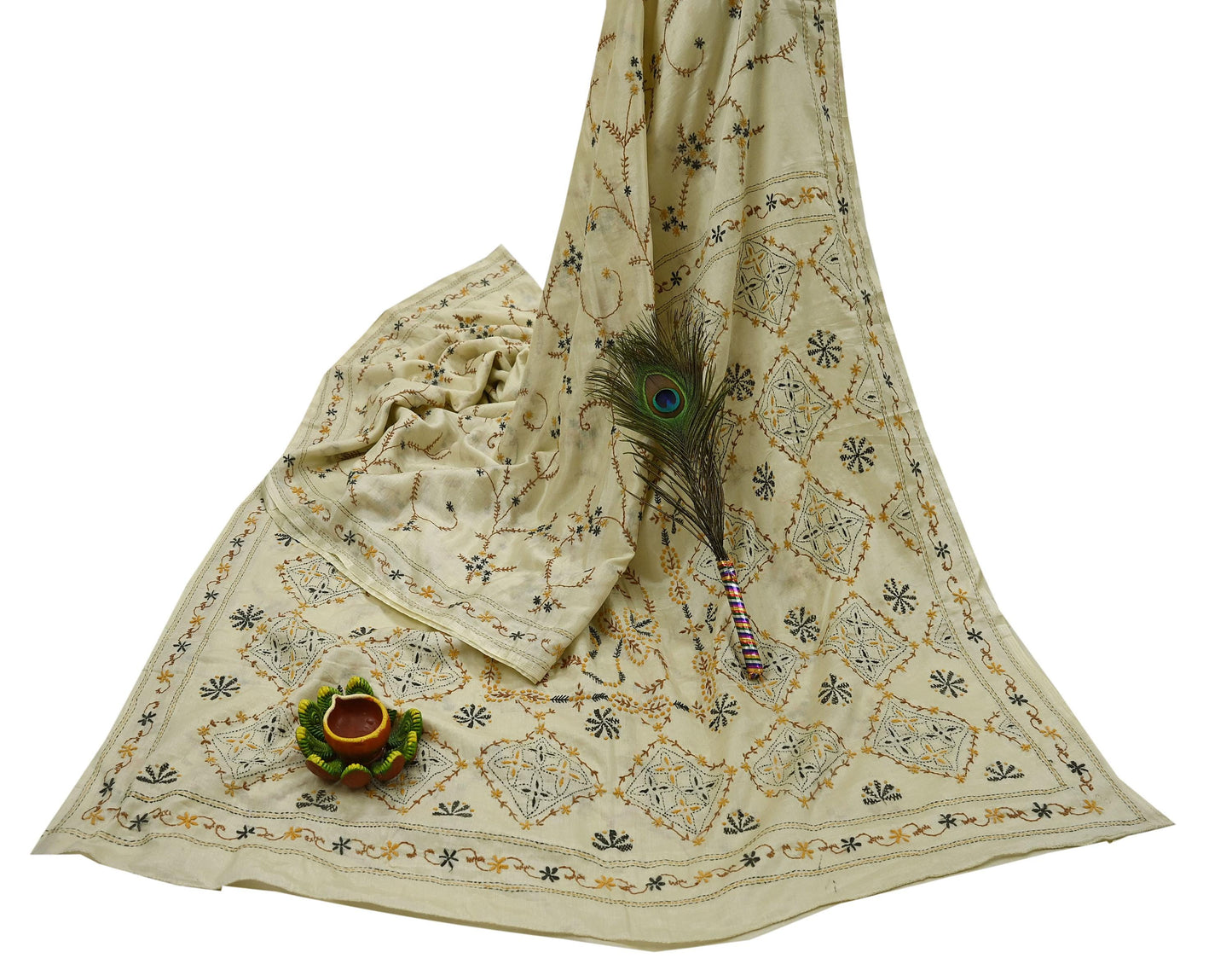 Indian Vintage Sari Ivory Artificial Silk Hand Embroidered Kantha Sarees Craft Fabric 5yd Sewing Soft Dress Making Crafting Upcycle Quilting