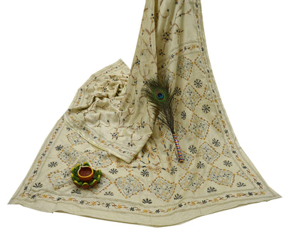 Indian Vintage Sari Ivory Artificial Silk Hand Embroidered Kantha Sarees Craft Fabric 5yd Sewing Soft Dress Making Crafting Upcycle Quilting